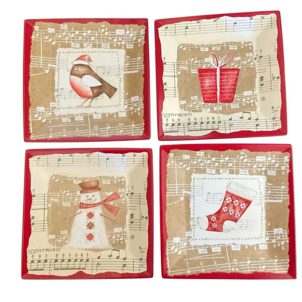 Oneida Winter Song Set Of 4 Salad Or Dessert Plates 8” Boxed Red Music Notes